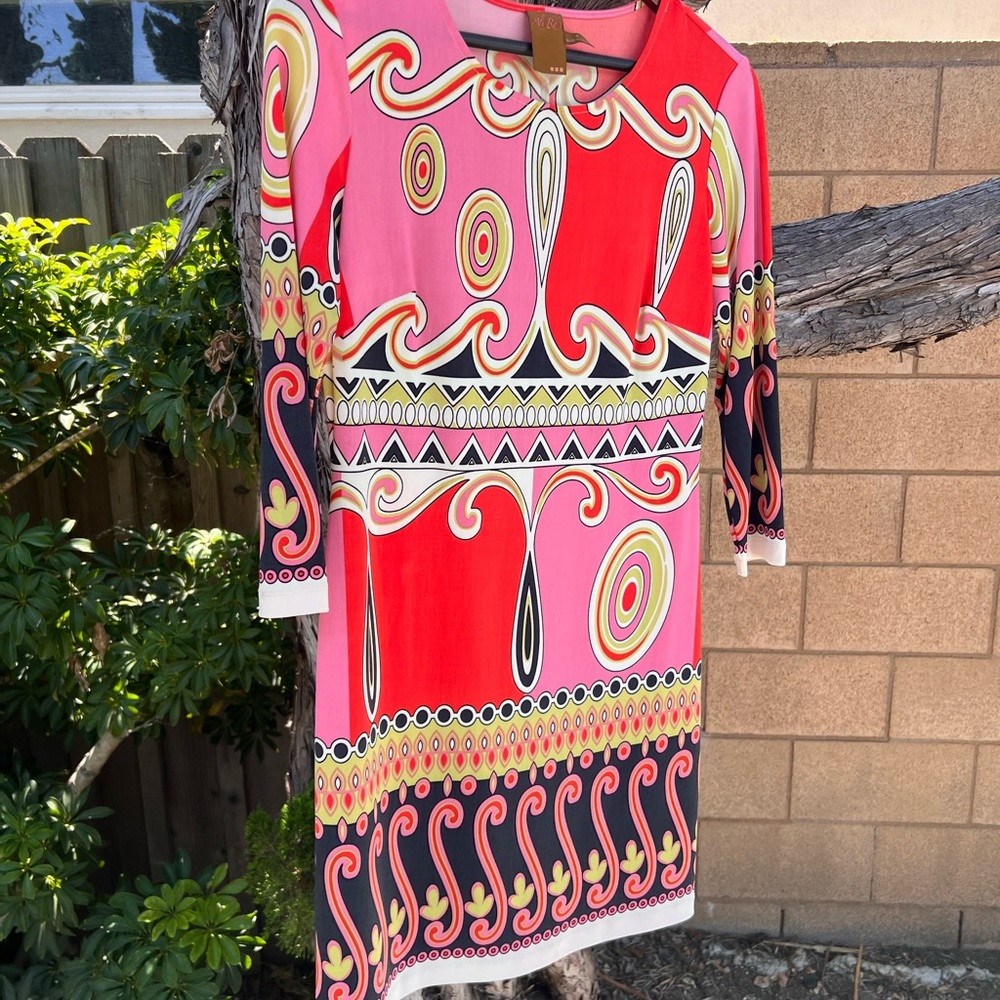 Ali Ro Bold Orange/Red and Pink Patterned Dress